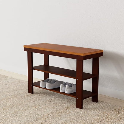 Amazon Basics Sturdy Solid Pine Wood Entryway Bench with Shoe Storage Organizer Rack, Espresso, 10.4"D x 27.56"W x 17.72"H