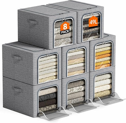 8 Pack Clothes Storage Bins with Metal Frame Foldable Clothing Storage Bins with Lids 49L Stackable Storage Box for Closet Fabric Organizer with Clear Window for Sweaters T-Shirts Bedding,Light Grey
