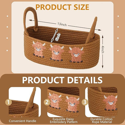 Vesici Highland Cow Storage Basket for Toilet Tank Top Farmhouse Woven Cotton Rope Bathroom Countertop Organizer Basket with Handle Highland Bathroom Decor for Christmas, 13 x 6 x 4 Inch