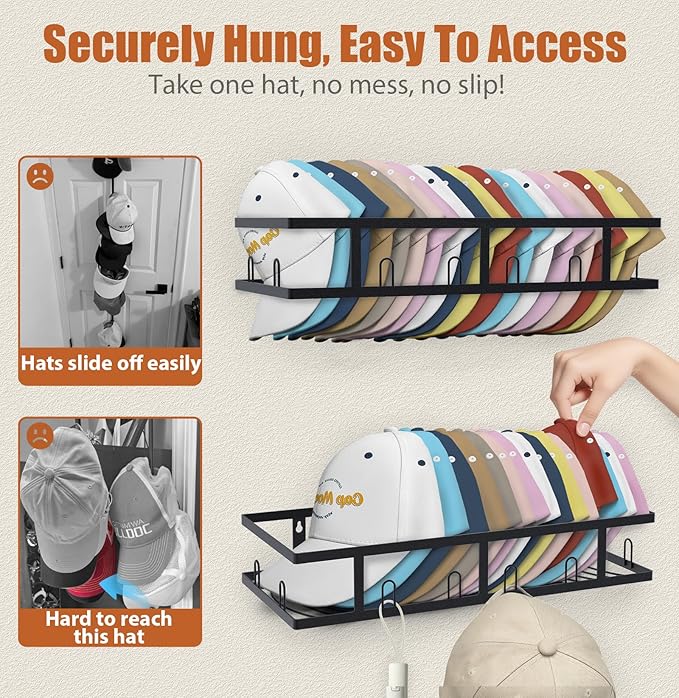 Metal Hat Rack for Wall, Holds 60+ Baseball Caps, 2-Pack Sturdy Wall Mounted Display Hat Organizer for Closet Hat Storage Holder, Black