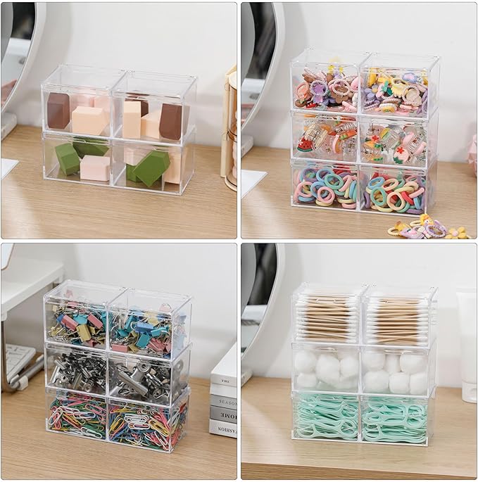 2 Pack Bathroom Container with Divider, Plastic Vanity Storage Canister Jars with Lid for Cotton Balls, Makeup Pads, Cosmetics Sponges, Floss Picks, Clear Desk Drawer Organizer Box