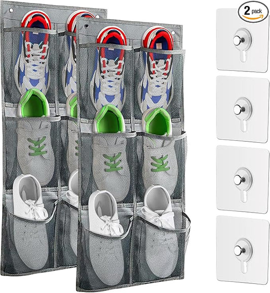 2 Pack Hanging Shoe Organizer for Closet,6 Mesh Pockets Wall Mounted Shoes Rack,Hanging Over the Narrow Door Shoe Organizer for RV Camper,Travel Camping,Cruise Ship,Dorm,Guest Room(Grey)