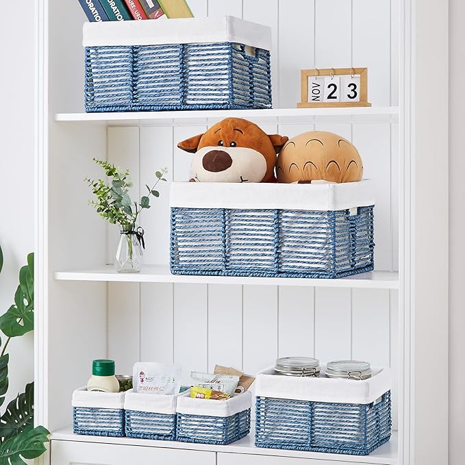 Vagusicc Wicker Storage Basket, 6 Pack Baskets for Organizing, Wicker Baskets with Handle, Rectangular Woven Basket for Storage Shelves, Cube Storage Bins for Closet/Clothes/Dresser, Blue