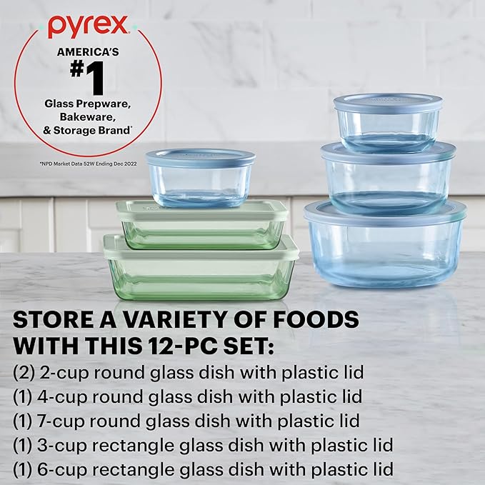 Pyrex Colors Tinted (12-PC Full Set) Small/Medium/Large Food Storage Container Set, Snug Fit Non-Toxic Plastic BPA-Free Lids, Freezer Dishwasher Microwave Safe, 3 Cup, 6 Cup & 11 Cup