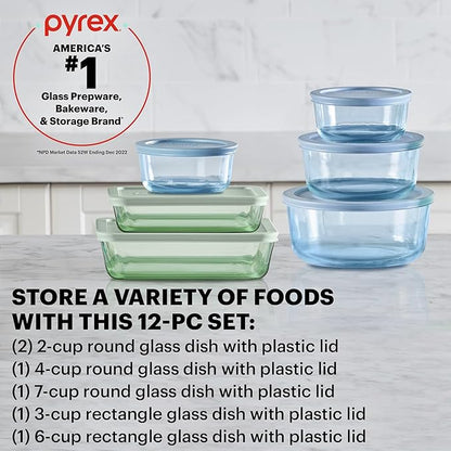 Pyrex Colors Tinted (12-PC Full Set) Small/Medium/Large Food Storage Container Set, Snug Fit Non-Toxic Plastic BPA-Free Lids, Freezer Dishwasher Microwave Safe, 3 Cup, 6 Cup & 11 Cup