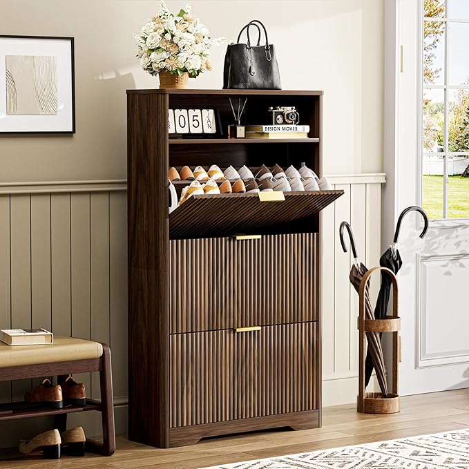 Shoe Cabinet Storage for Entryway Hidden Shoes Storage Cabinet with 3 Flip Drawers, Tall Free Standing Shoe Organizer Rack for Foyer, Hallway