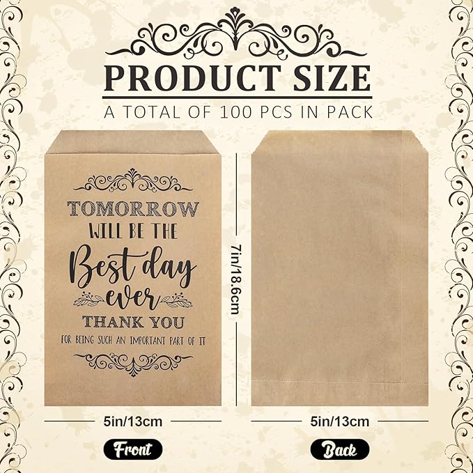Whaline 100 Pcs Wedding Silverware Bags 5 x 7 Inch Rustic Wedding The Best Day Ever Kraft Wax Cutlery Bags Utensil Holders Reusable for Engagement Rehearsal Dinner Barbeque Banquet Supply