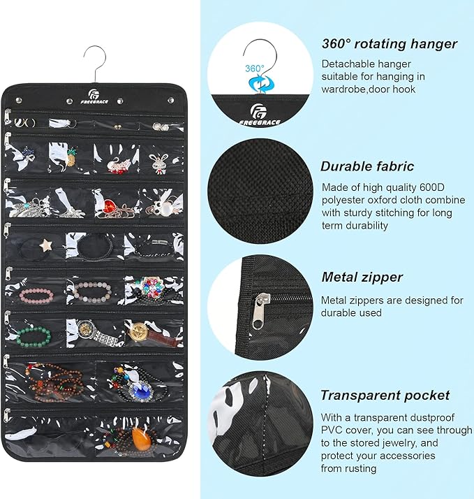 Freegrace Hanging Jewelry Organizer with Secure Zipper Closure - 360° Revolving Hanger, 25 Clear Pockets, 23 Necklace Hooks - Foldable Travel Storage & Closet Display (Black)