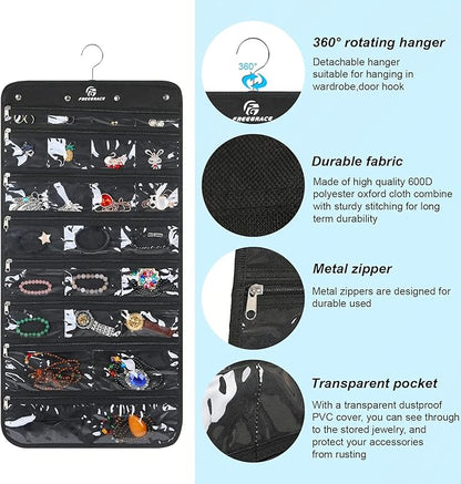 Freegrace Hanging Jewelry Organizer with Secure Zipper Closure - 360° Revolving Hanger, 25 Clear Pockets, 23 Necklace Hooks - Foldable Travel Storage & Closet Display (Black)