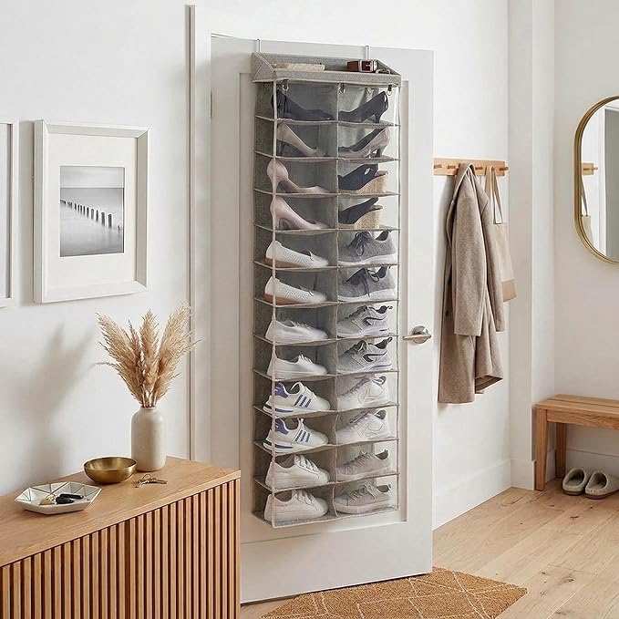 24-Tier Over the Door Shoe Organizer - Hanging Shoe Organizer & Shoe Rack, Polyester & Cotton Shoe Storage, Shoe Organizer for Closet, Space-Saving Over the Door for Bedroom Entry