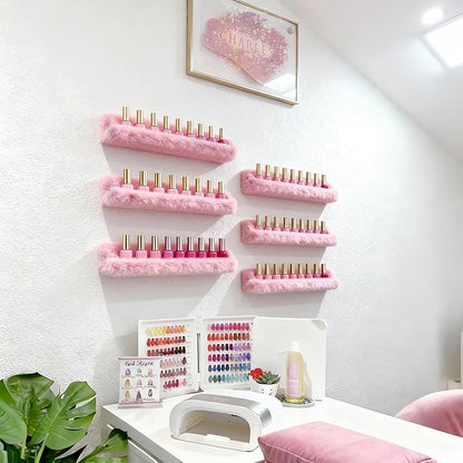 YMVV Nail Polish Wall Shelf - 15-Inch Furry Plush Display & Organizer Rack, Holds 60+ Polishes, Soft Ledge for Bedroom, Bathroom, Salon - Protects Bottles from Scratches，6 Pack Pink