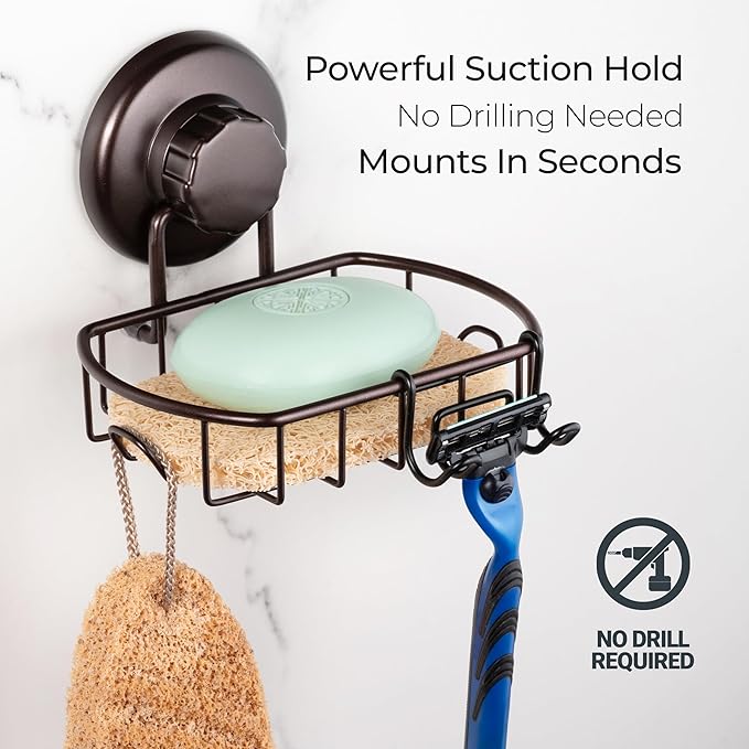 HASKO 2 Pack Suction Cup Soap Dish for Shower Wall, Rustproof Stainless Steel, Shower Soap Holder with Hooks, Includes Optional No Drill Adhesive Mount for Bathroom, 2 Soap Savers, Bronze