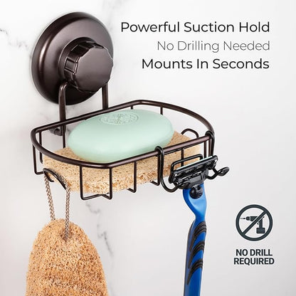 HASKO 2 Pack Suction Cup Soap Dish for Shower Wall, Rustproof Stainless Steel, Shower Soap Holder with Hooks, Includes Optional No Drill Adhesive Mount for Bathroom, 2 Soap Savers, Bronze