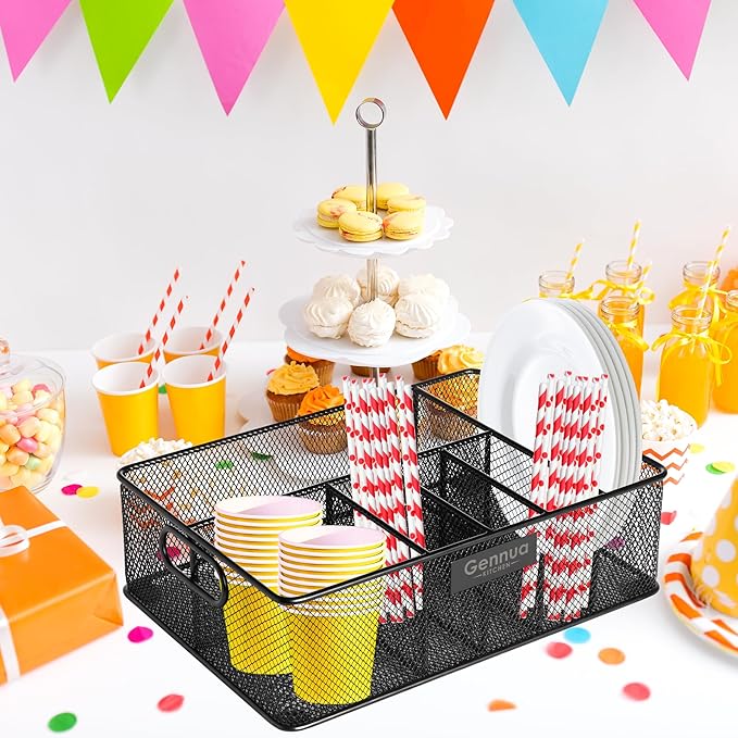 Gennua Kitchen Paper Plate Organizer for Cabinet, Counter, Picnics, Parties & More, Extra Large Utensil Caddy Crafted of Thick Iron Mesh With 6 Compartments for Paper Plates & Plastic Silverware