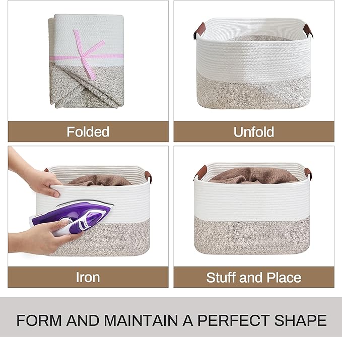 Large Cotton Rope Storage Basket with Leather Handles, Laundry Hamper Basket, 20 "L x 14" W x 12 "H, Durable & Stylish Organizer for Home.(Large Brown)