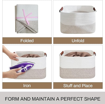 Large Cotton Rope Storage Basket with Leather Handles, Laundry Hamper Basket, 20 "L x 14" W x 12 "H, Durable & Stylish Organizer for Home.(Large Brown)