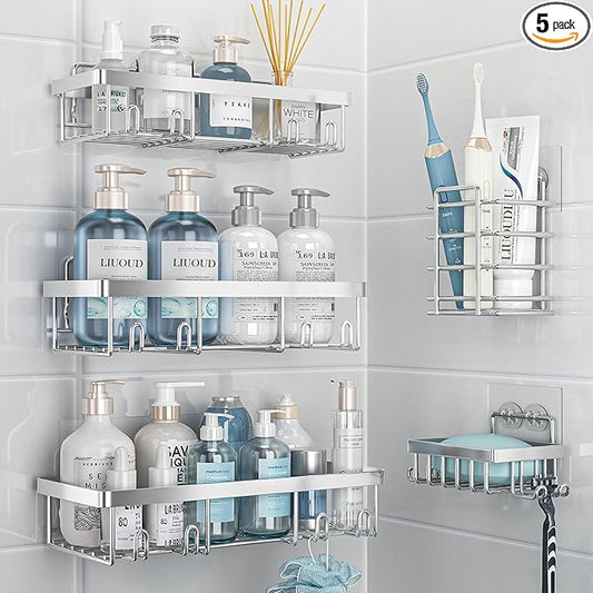 Liuoud 5 Pack Shower Caddy Organizer Rack Shelf for Inside Shower, Self Adhesive Bathroom Wall Storage Basket Rustproof Stainless Steel Large Capacity Shampoo Holder, Silver