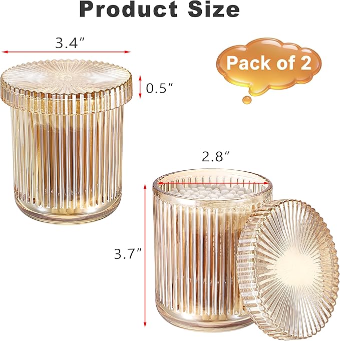 2 Pack Glass Qtip Holder with Lid, Apothecary Jars with Lids, Glass Bathroom Jars for Cotton Ball, Swab, Pads, Floss Picks, Bathroom Accessories Organization and Vanity Organizer (Amber)