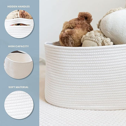 Off-White Cotton Rope Baskets for Shelves, Set of 3-15"×10"×9½" - Woven Storage Baskets for Organizing - Closet, Nursery, Bedroom, Playroom - Toys, Books, Towels, Clothes