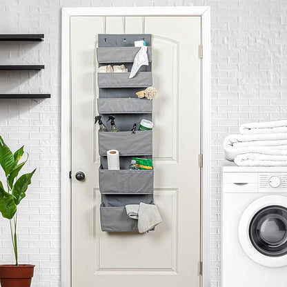 Household Essentials 6 Pocket Over the Door Pocket Organizer, PP Non-Woven Fabric Pockets, Reinforced Siding, Foldable, Versatile, Perfect for Residential and Commercial Doors, Grey