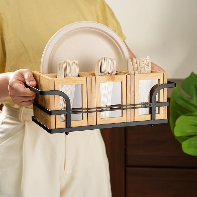 Silverware Caddy Wood Utensil Holder Silverware Utensil Caddy Cutlery Flatware Paper Plate Dispenser Organizer for Spoons Forks Plates Napkins (Acrylic)