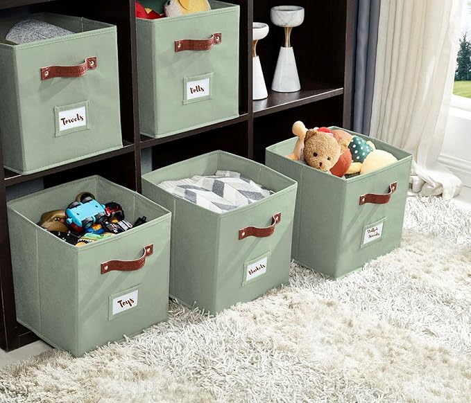DECOMOMO Storage Cubes, 13x13x13 Storage Cube Bins with Labels, Fabric Organizer Bins (13" / 6pcs, Sage Green)