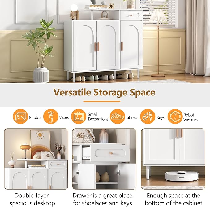 JIVOIT Shoe Cabinet with Adjustable Shelves and Drawer, Cream Style Storage Sideboard with Arched Doors, Solid Wood Legs, Wood Shoe Rack for Entryway, Living Room (White,164)