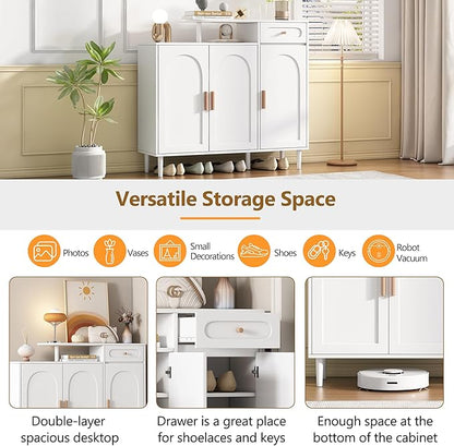 JIVOIT Shoe Cabinet with Adjustable Shelves and Drawer, Cream Style Storage Sideboard with Arched Doors, Solid Wood Legs, Wood Shoe Rack for Entryway, Living Room (White,164)