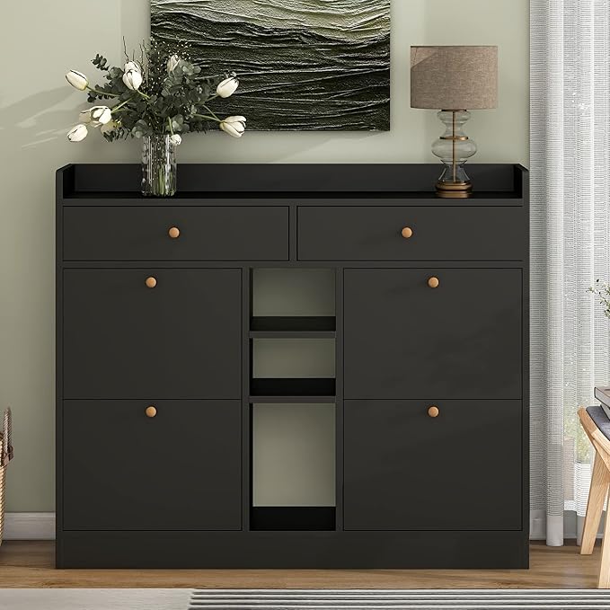 JIVOIT 2-Tier Shoe Storage Organizer, Modern Wooden Shoe Cabinet with 4 Flip Drawers, Multifunctional Free Standing Shoe Rack for Entrance Hallway Small Spaces (Black+4 Flip Drawers)