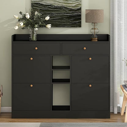 JIVOIT 2-Tier Shoe Storage Organizer, Modern Wooden Shoe Cabinet with 4 Flip Drawers, Multifunctional Free Standing Shoe Rack for Entrance Hallway Small Spaces (Black+4 Flip Drawers)