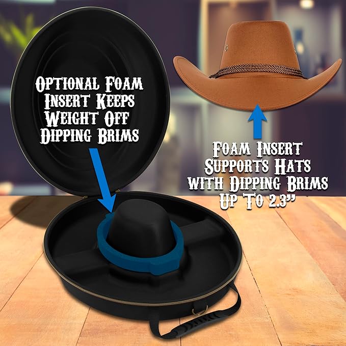 CASEMATIX Cowboy Hat Box and Portable Storage for Brims Up To 4.75'' - Hard Shell Case with Adjustable Carry Strap, Luggage ID Slot Foam Insert Dipping Brim Hats, Black, 18'' x 16'' x 8.3''