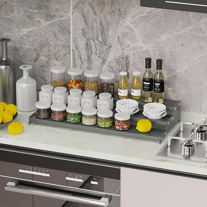 Expandable Spice Rack Storage organizer with 3-Tier step shelf cabinet,seasoning racks organizion.Great for Kitchen countertop shelves,Bathroom,dressing table,Cupboard,Pantry and more(1pack/Gun-gray)