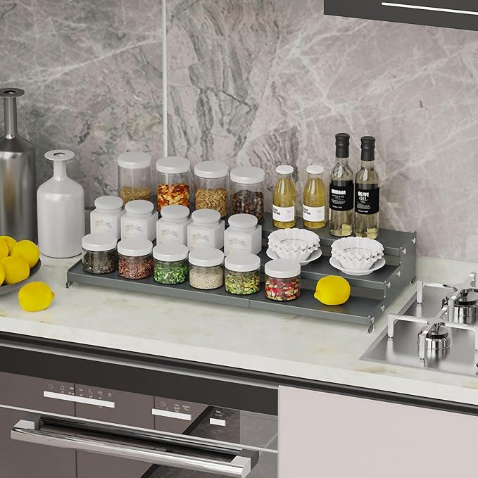 Expandable Spice Rack Storage organizer with 3-Tier step shelf cabinet,seasoning rack organizion.Great for Kitchen countertop shelves,Bathroom,dressing table,Cupboard,Pantry and more(2packs/Gun-gray)