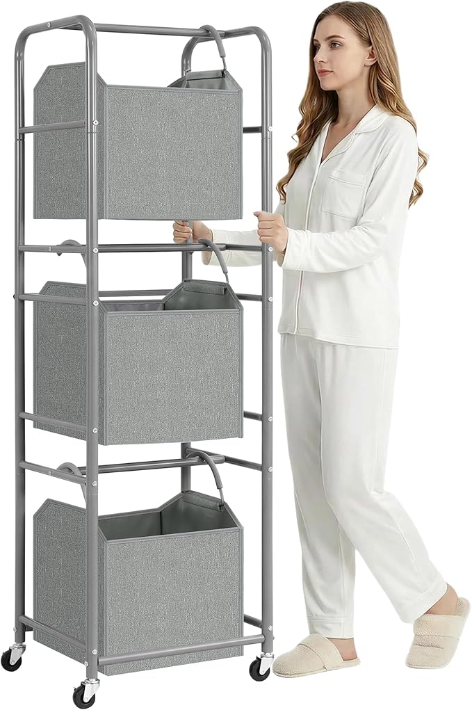 150L 3-Tier Vertical Laundry Hamper Sorter with Water-Resistant Removable Bag, Rolling Laundry Cart with Wheels & Brakes for Apartment, Dorm, Bathroom, Laundry Room, Grey