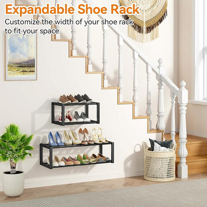 IBUYKE 2 Pack Wall Mounted Shoe Rack, 2-Tier 16"-29" Expandable Hanging Shoe Organizer for 12-16 Pairs, Space Saving Metal Wall Shoe Storage for Entryway Closet, Black TXJ001B-2