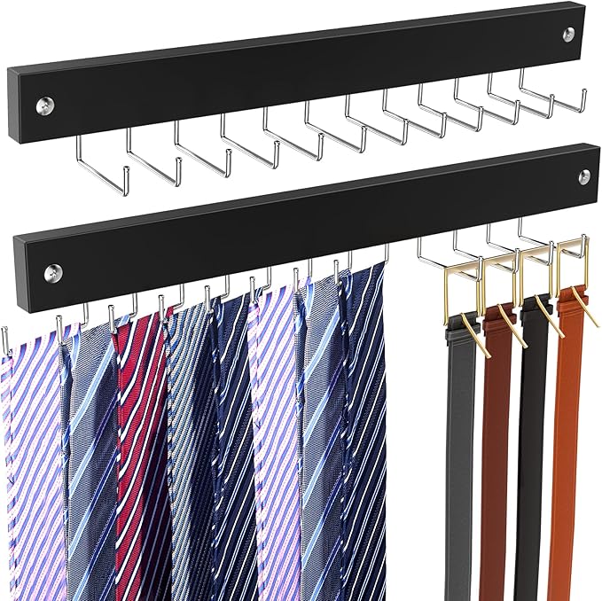 2 Pack Belt Hanger Wall Mount, Large Capacity Tie and Belt Organizer for Wall with 24 180°Rotating Non Slip Hooks, Heavy-Duty Wooden Tie Rack Space Saving Closet Organizers and Storage, Black