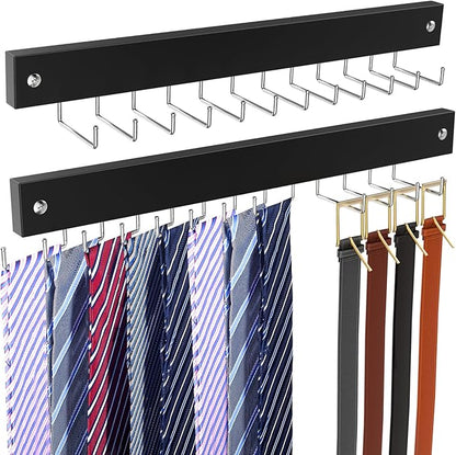 2 Pack Belt Hanger Wall Mount, Large Capacity Tie and Belt Organizer for Wall with 24 180°Rotating Non Slip Hooks, Heavy-Duty Wooden Tie Rack Space Saving Closet Organizers and Storage, Black