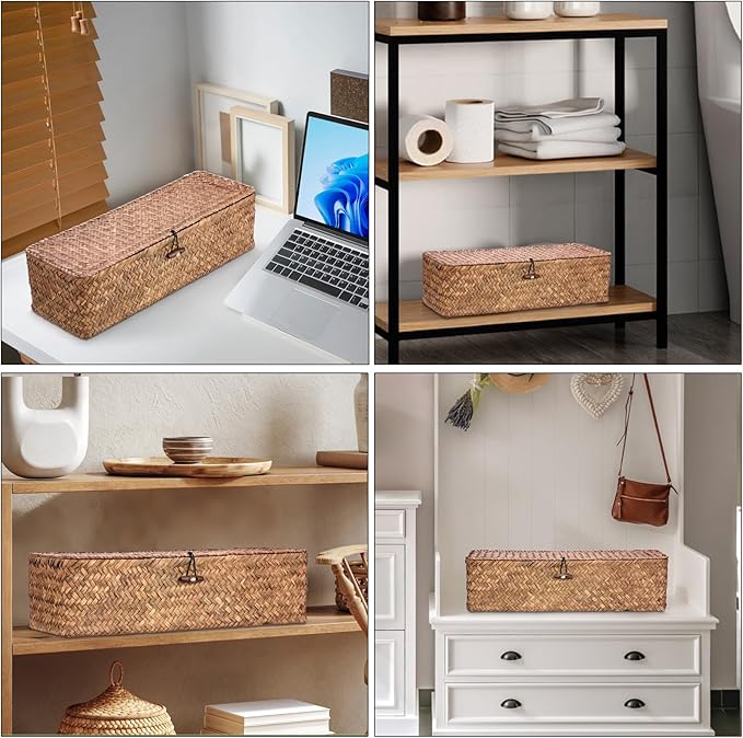 Hipiwe Handwoven Seagrass Storage Basket with Lid Rectangular Toilet Paper Holder 3 Sections Home Organizer Bin for Bathroom Shelf Kitchen
