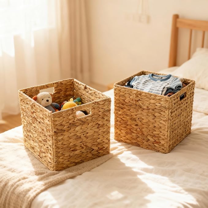 12x12in Storage Baskets,Set of 4 Water Hyacinth Baskets,Wicker Cube Baskets Laundry Organizer,Foldable Handwoven Storage Cubes,for Cube Shelf,Collapsible Laundry Baskets Pantry,Living Room,Bedroom
