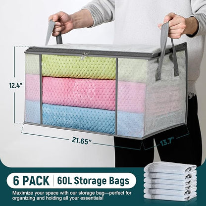 LANDNEOO 6-Pack Clothes Storage Bags, Plastic Foldable Blanket Storage bins, Closet Organizer Container for Bedroom, Bedding, Comforters, Pillows, and Clothing - 60L with Handles