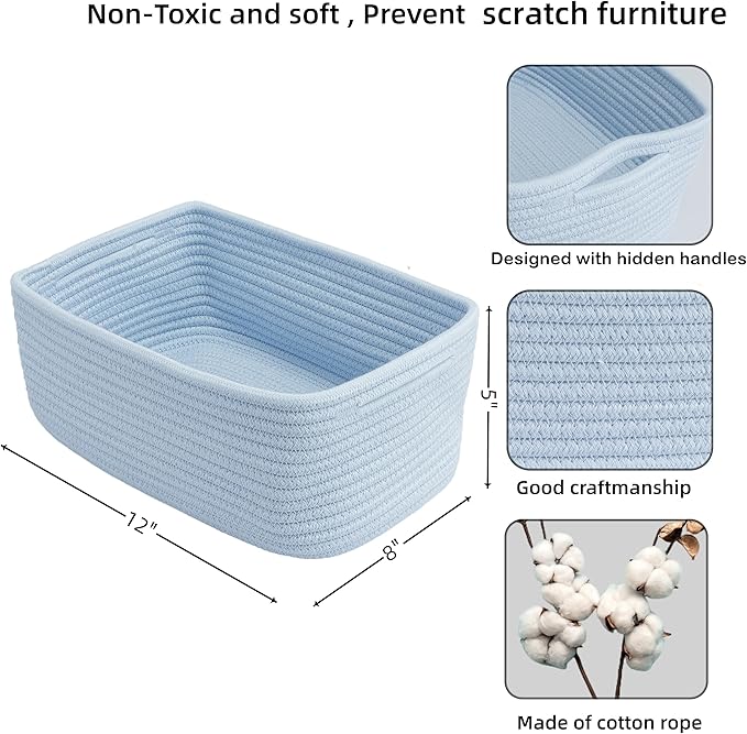 XUANGUO Small Woven Storage Baskets 12“X8”X5“ Decorative Rope Bins for Organizing Shelves, Closets, and Toys, Empty Gift Baskets, Cute Organizer Basket for Home and Office (blue, regular)