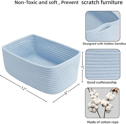 XUANGUO Small Woven Storage Baskets 12“X8”X5“ Decorative Rope Bins for Organizing Shelves, Closets, and Toys, Empty Gift Baskets, Cute Organizer Basket for Home and Office (blue, regular)