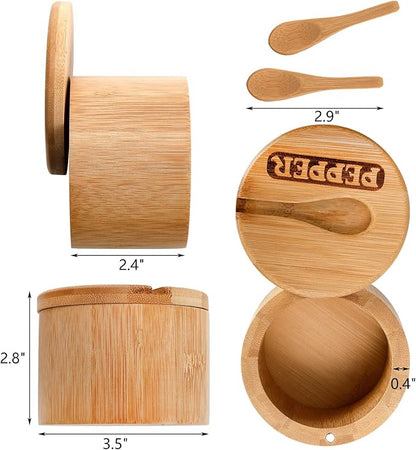 Lawei 2 Pack Bamboo Salt and Pepper Bowls, Round Salt Container with Magnetic Swivel Lids and Spoons, Bamboo Salt Cellars, Seasoning Storage Holder Box for Salt, Pepper, Sugar, Spice