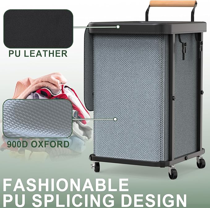 150L (40 Gal) Extra Large Fashion Laundry Basket with Wheels, Rolling Basket Hamper with Handle, Organizer Storage Cart with Sturdy Metal Frame for Laundry Room - Gray