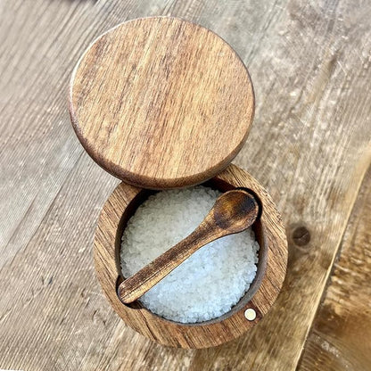 6.5 Ounce Acacia Wood Spice Box with Built In Spoon and Magnetic Rotating Lid Elegant Kitchen Salt Container Holder for Storing Pepper Spices Salt or Your Favorite Seasonings