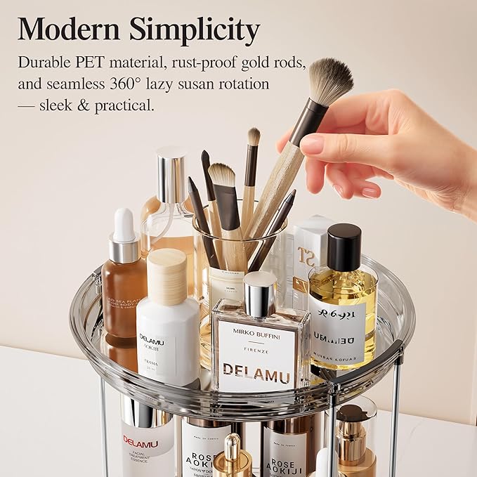 Delamu 3 Tier Rotating Makeup Organizer for Vanity, Skincare Organizer for Bathroom Counter, Spinning Perfume Organizer Cosmetic Holder with Large Capacity, Grey