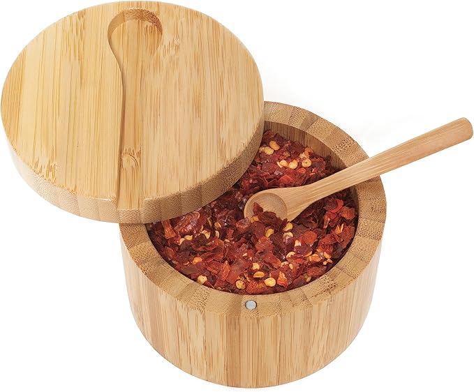 Lipper International Bamboo Wood Salt and Spice Box with Spoon and Swivel Cover, 4" Diameter x 2.75" Tall