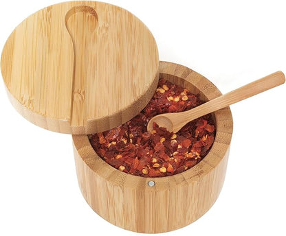 Lipper International Bamboo Wood Salt and Spice Box with Spoon and Swivel Cover, 4" Diameter x 2.75" Tall