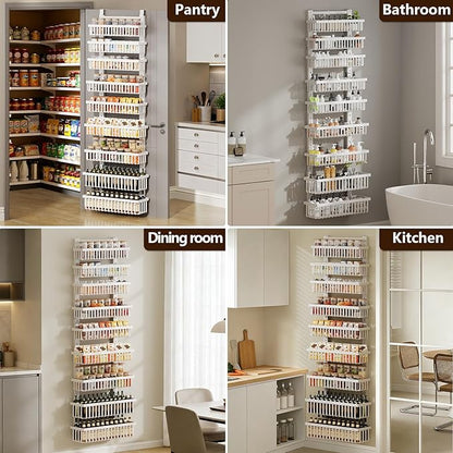 POKIPO 9 Tier Over The Door Pantry Organizer, 2 in 1 Wall Mount or Hanging Spice Rack with Adjustable Deep Basket, Heavy-Duty Seasoning Organizer and Storage for Kitchen Cabinet Closet Bathroom