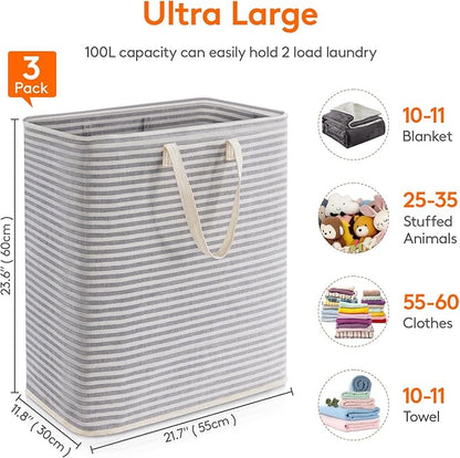Lifewit 3 Pack Laundry Basket 100L Each, Collapsible Clothes Hamper with Reinforced Handles, Freestanding Waterproof Design for Bedroom and Laundry Room, Grey 300L Total